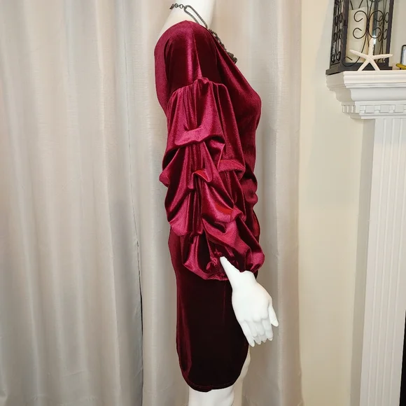 Velvet Ruched Draped Puff Exaggerated Sleeves Mini Dress, Burgundy L - Picture 6 of 10